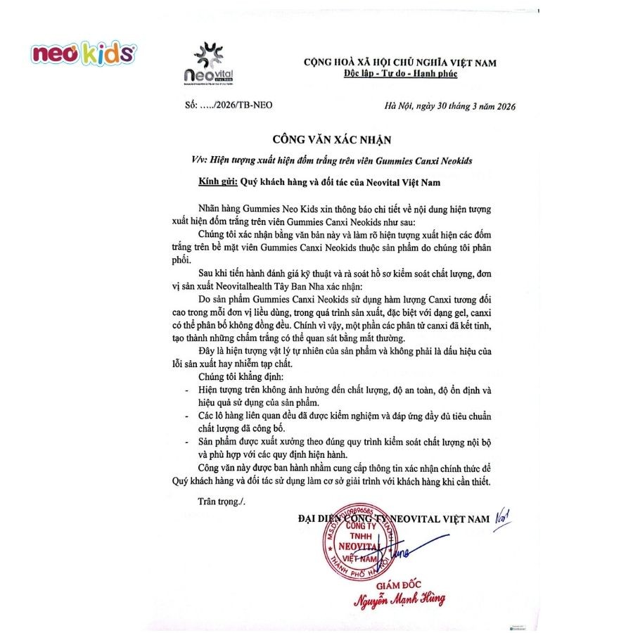 Thông báo nhãn hàng Gummies Neokids về tình trạng đốm trắng trên viên canxi