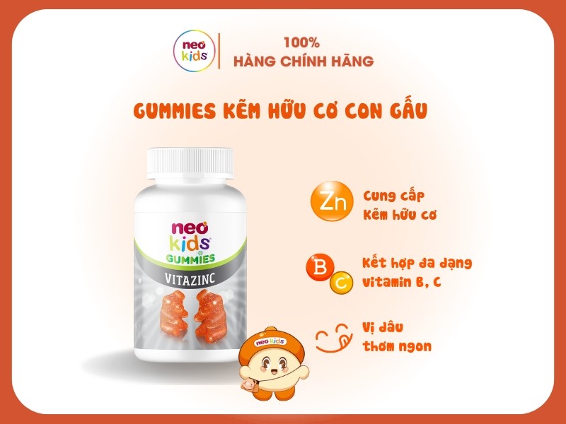 Neo Kids Kẽm hữu cơ con gấu - Hỗ trợ bé ăn ngon, tăng cường sức đề kháng - MS: 2